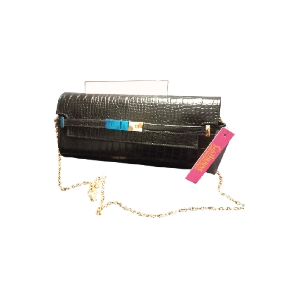 Catherine Malandrino Black Embossed Clutch with Gold Chain, NWT